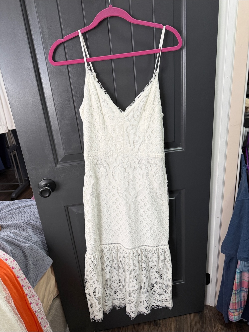 Ina White Lace Midi Dress with Spaghetti Straps